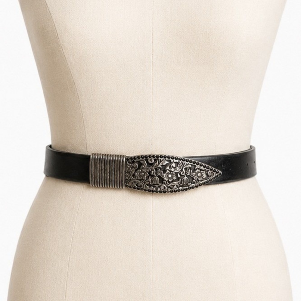 Genuine Leather Belt Floral Metal Buckle Black and Silver Adjustable Size ML